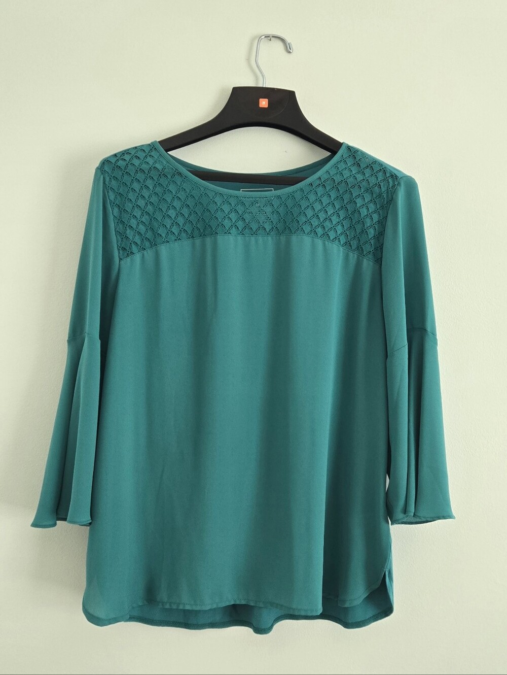 Van Heusen Teal Embroidered Yoke Bell Sleeve Blouse